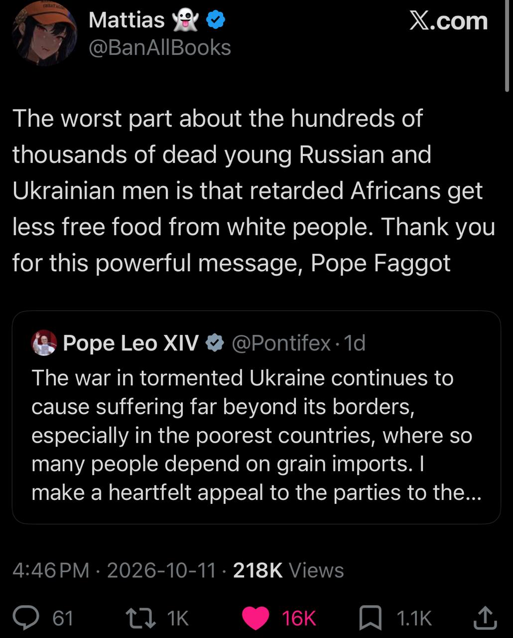 Mattias У Х.сот The worst рай about the hundreds of thousands of dead young Russian and Ukrainian men is that retarded Africans get less free food from white people. Thank you for this powerful messag