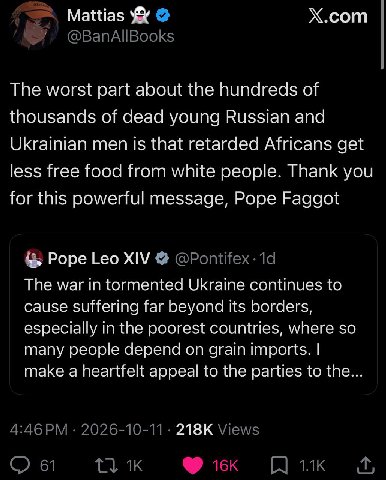 Mattias У Х.сот The worst рай about the hundreds of thousands of dead young Russian and Ukrainian men is that retarded Africans get less free food from white people. Thank you for this powerful messag