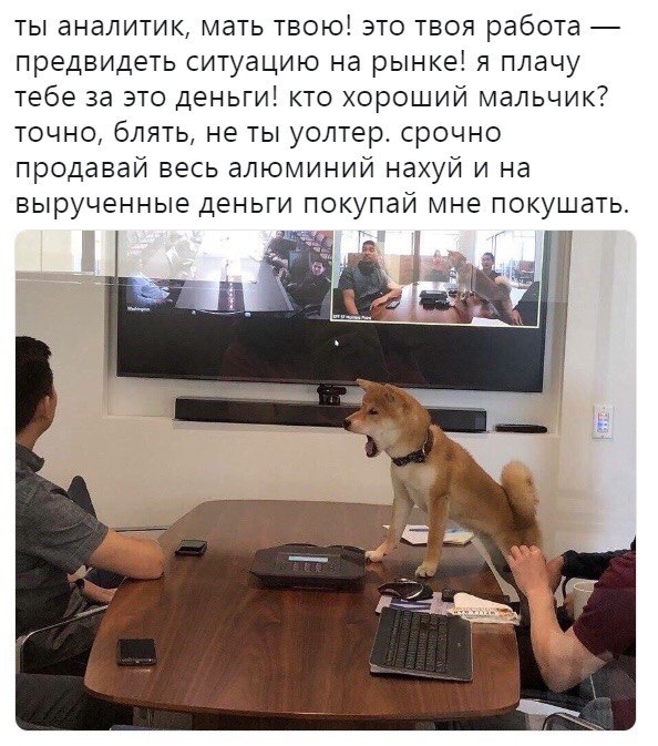 ты аналитик, мать твою! это твоя работа предвидеть ситуацию на рынке! я плачу тебе за это деньги! кто хороший мальчик? точно, блять, не ты уолтер. срочно продавай весь алюминий нахуй и на вырученные д