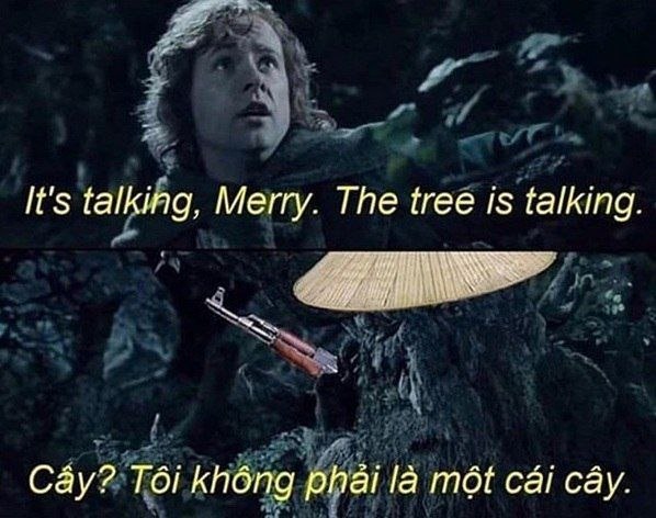It's talking, Merry. The tree is talking. Cay? Tdi phai cai cay.