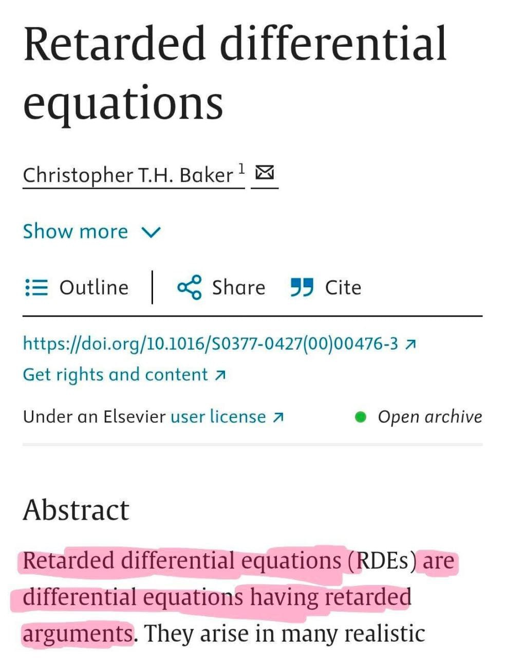 Retarded differential equations Christopher Baker? Show more Outline Share Cite https://doi.org/10.1016/S0377-0427(00)00476-3 я Get rights and content a Under an Elsevier user license a Open archive A