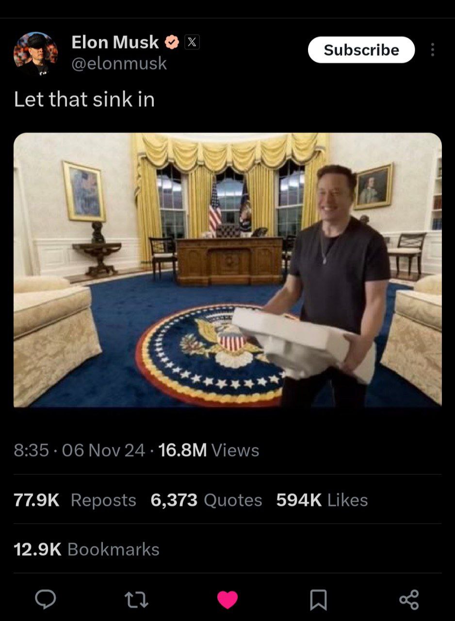 Elon Musk Subscribe Let that sink in a 8:35 Об Nov 24 Views Reposts 6,373 Quotes Likes Bookmarks