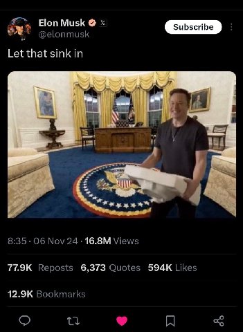 Elon Musk Subscribe Let that sink in a 8:35 Об Nov 24 Views Reposts 6,373 Quotes Likes Bookmarks