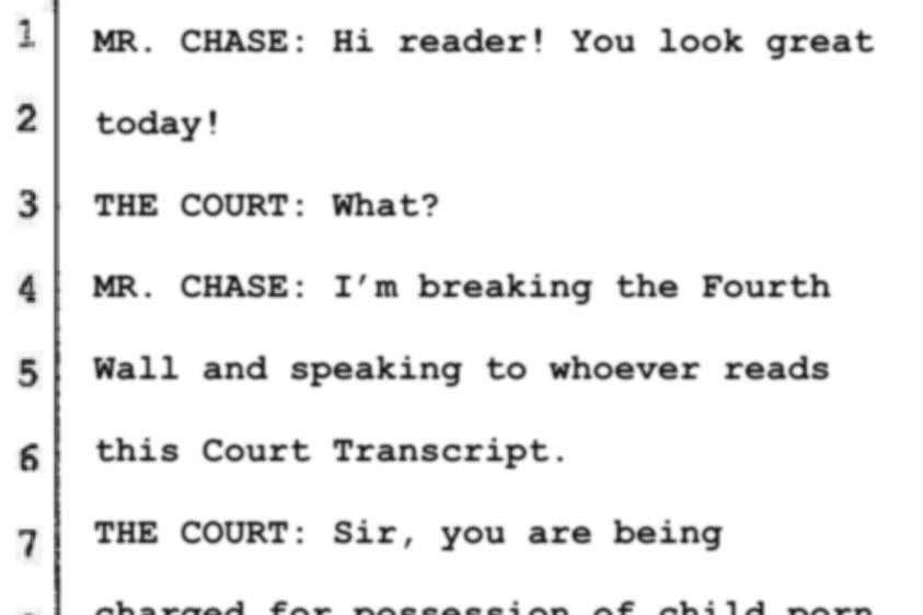 CHASE: reader! You look great THE COURT: What? CHASE: breaking the Fourth Wall and speaking to whoever reads this Court Transcript. THE COURT: Sir, you are being Bae