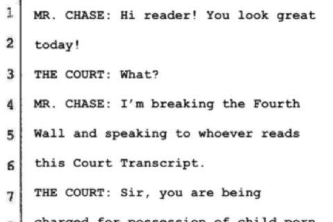 CHASE: reader! You look great THE COURT: What? CHASE: breaking the Fourth Wall and speaking to whoever reads this Court Transcript. THE COURT: Sir, you are being Bae