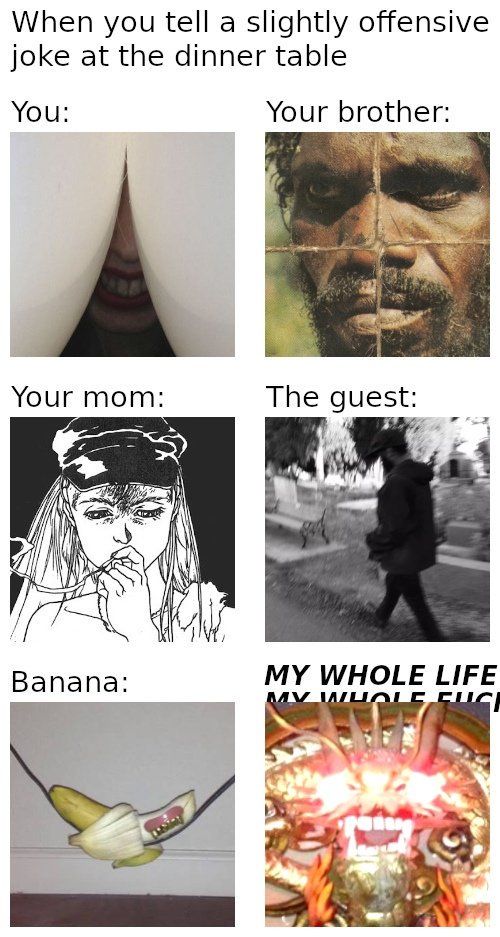 When you tell a slightly offensive joke at the dinner table You: Your brother: a Your mom: The guest: i Вапапа: WHOLE LIFE