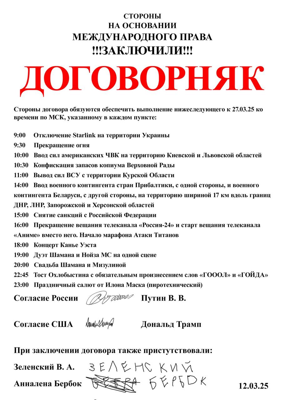 СТОРОНЫ НА ОСНОВАНИИ МЕЖДУНАРОДНОГО ПРАВА 11! ЗАКЛЮЧИЛИ eee ДОГОВОРНЯК Стороны договора обязуются обеспечить выполнение нижеследующего к 27.03.25 времени по МСК, указанному в каждом пункте: 9:00 Отклю