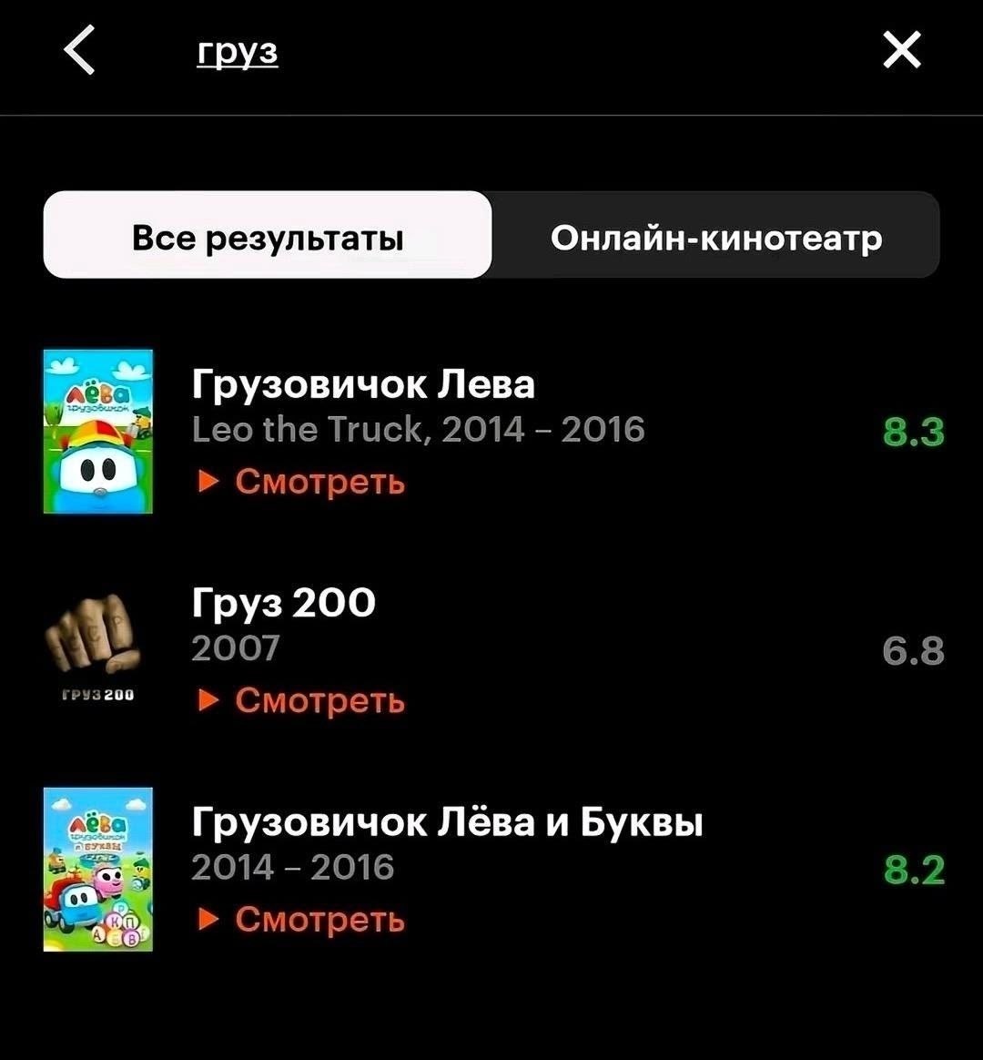 груз Грузовичок Лева Leo the Truck, 2014 2016 8.3 Смотреть Груз 200 i 2007 6.8 Смотреть Грузовичок Лёва и Буквы 2014 2016 8.2 Смотреть