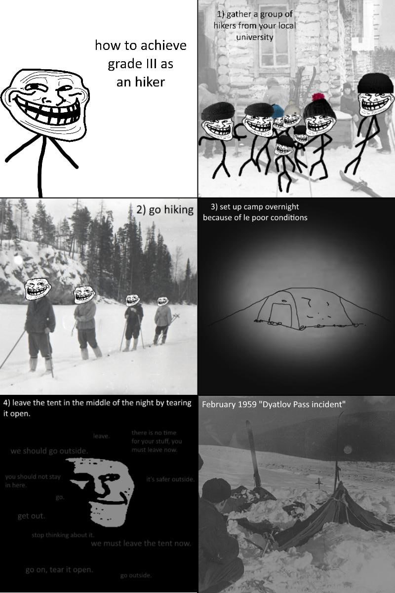 1) gather a group of hikers from your local university how to achieve grade Ill as an hiker 2) hiking 3) set up camp overnight because of poor conditions 2. 4) leave the tent in the middle of the nigh