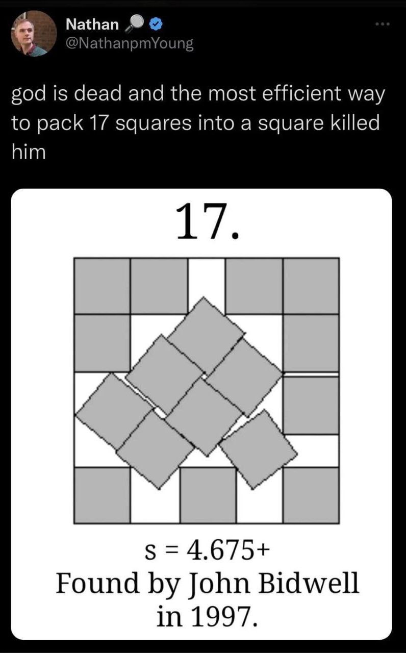 Nathan @NathanpmYoung god is dead and the most efficient way to pack 17 squares into a square killed 4.675+ Found John Bidwell in 1997.