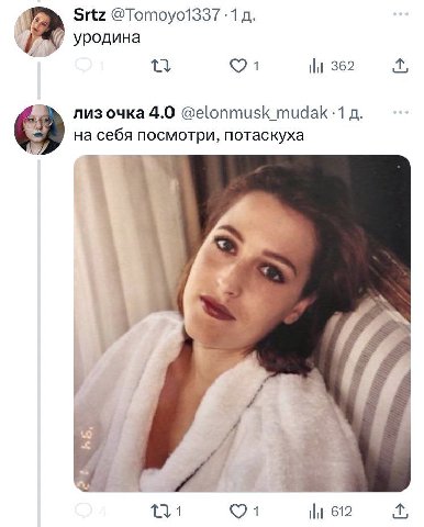 Srtz @Тотоуо1337 уродина 1 лиз очка 4.0 @elonmusk_mudak -1 на себя посмотри, потаскуха A Lat 612