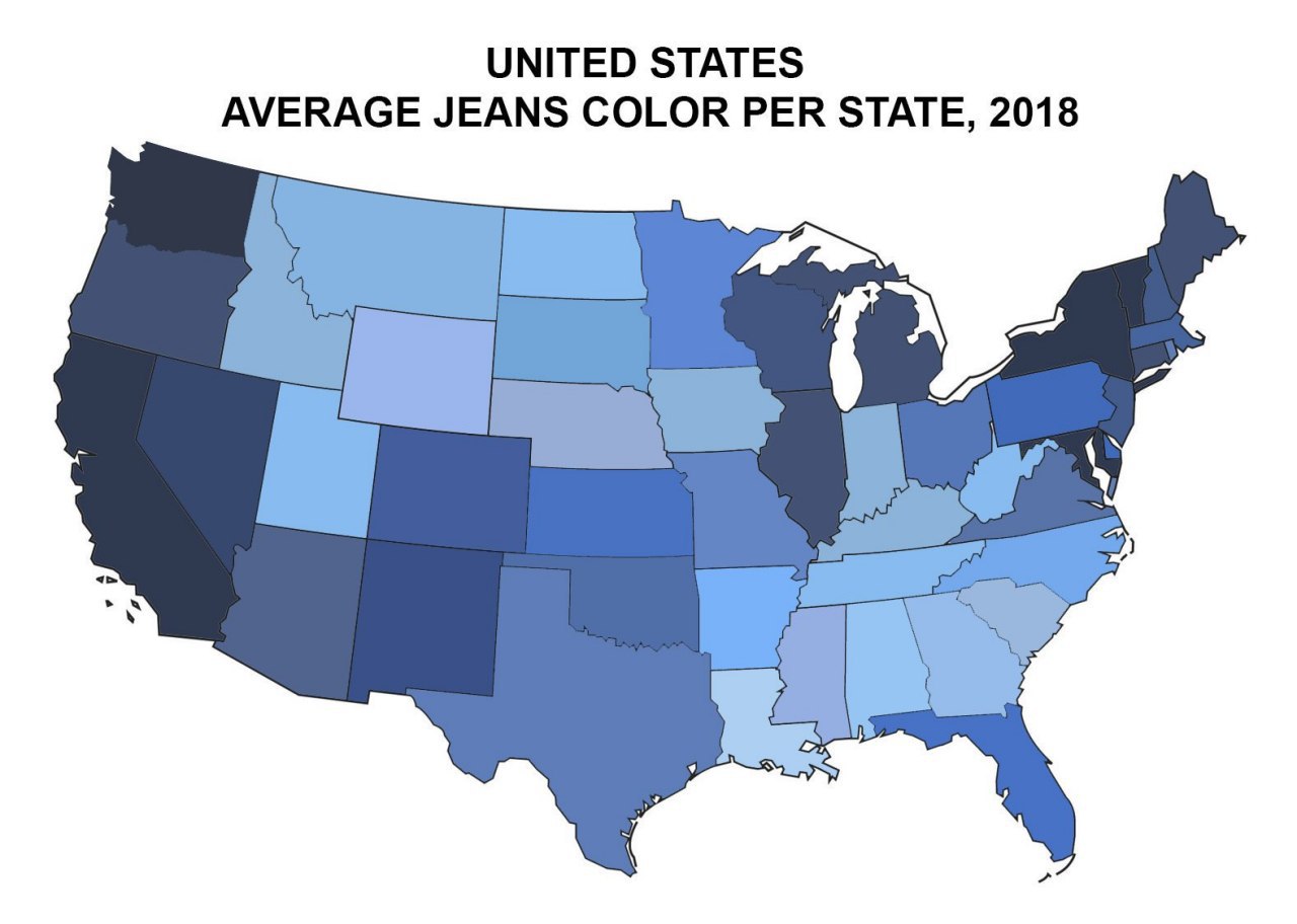 UNITED STATES AVERAGE JEANS COLOR PER STATE, 2018