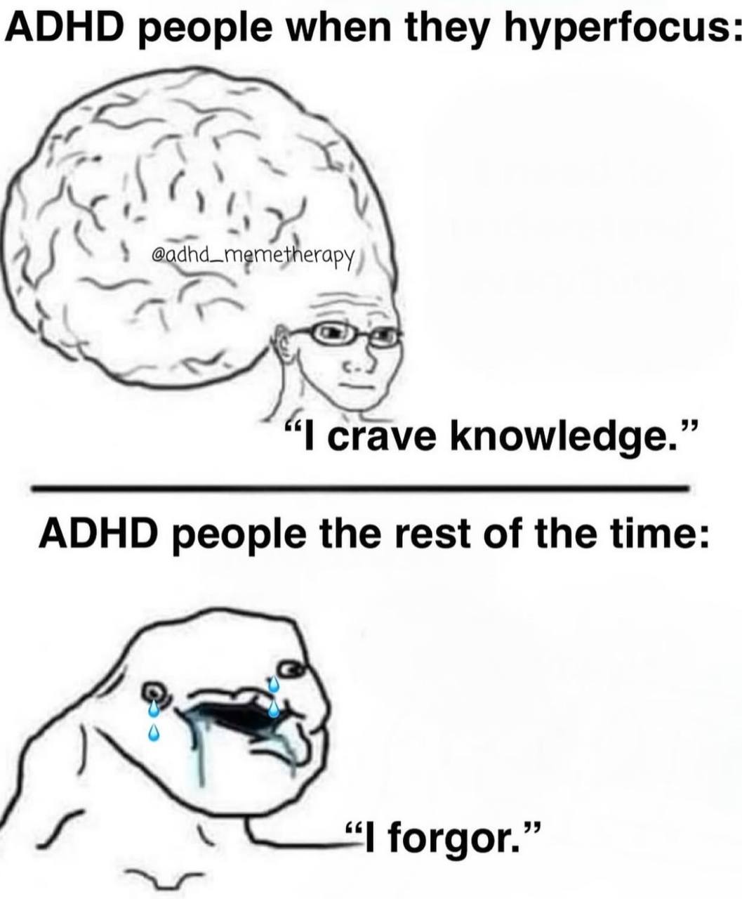 ADHD people when they hyperfocus “I crave knowledge.” ADHD people the rest of the time “I forgor.”