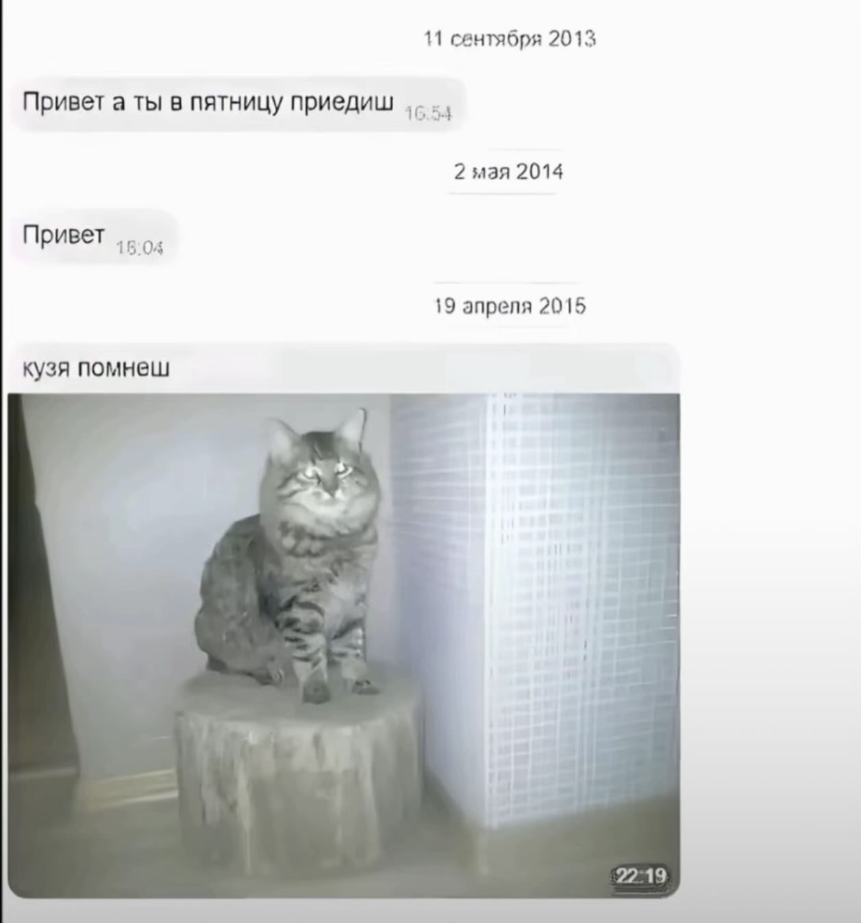11 сантября 2013 Привет а ты в пятницу приедиш 2 мая 2014 Привет 15:04 19 апреля 2015 кузя помнеш 22-19