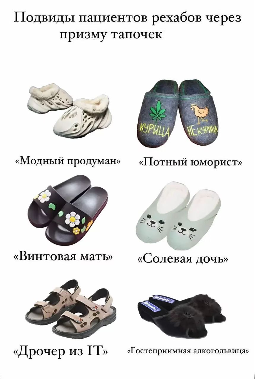 Подвиды пациентов рехабов через призму тапочек we «Модный продуман» «Потный юморист» 4 «Винтовая мать» «Солевая дочь» «Дрочер из IT» «Гостеприимная алкогольвица»