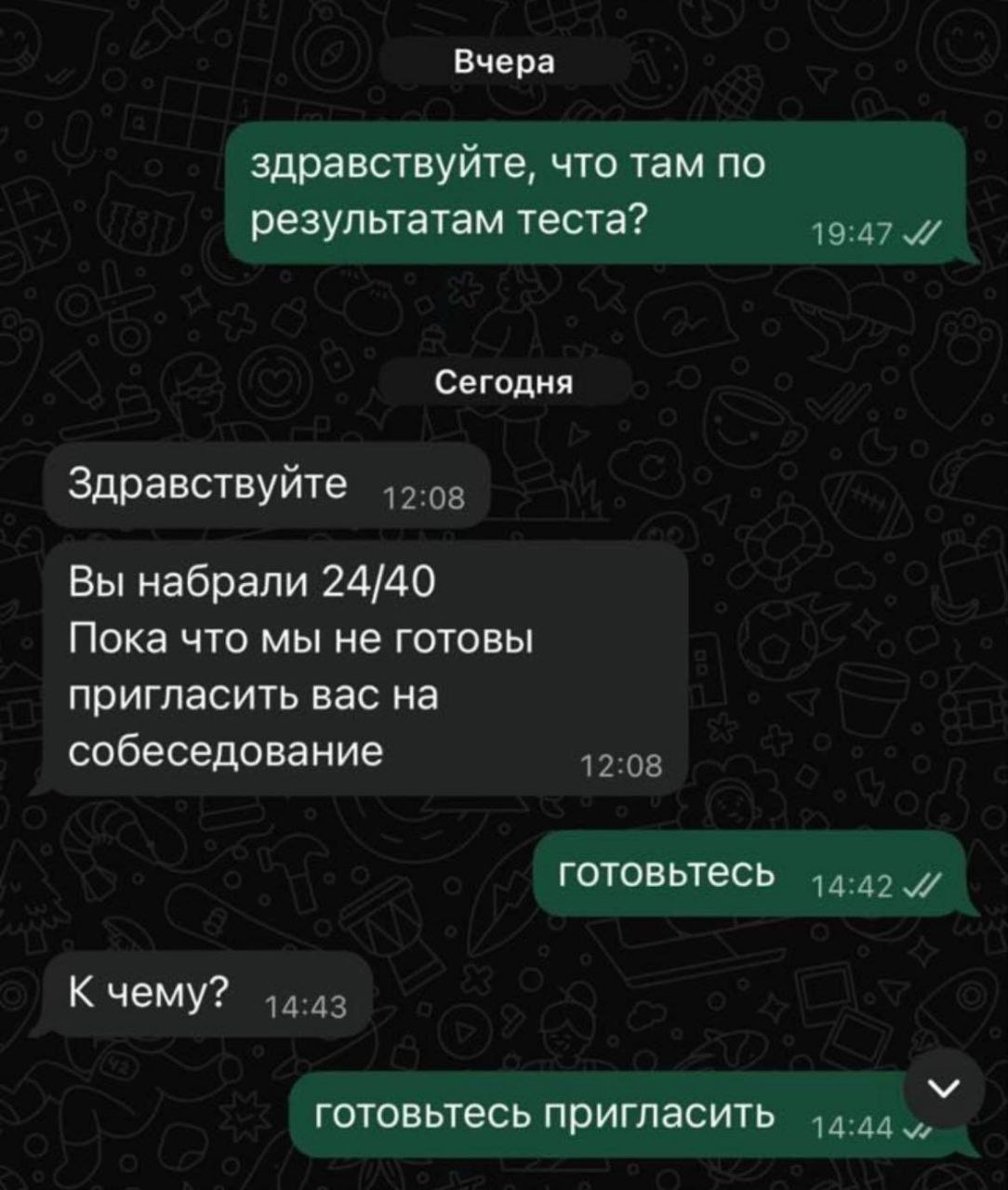 Вчера здравствуйте, что там по результатам теста? Сегодня Здравствуйте Вы набрали 24/40 Пока что мы не готовы пригласить вас на собеседование готовьтесь К чему? готовьтесь пригласить