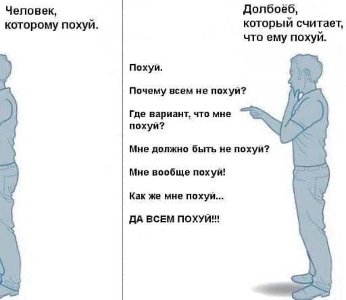 Человек, Долбоёб, которому похуй. который считает, что ему похуй. Похуи. Почему всем не похуй? Где вариант, что мне похуй? Мне должно быть не похуй? Мне вообще похуй! Как же мне похуй... ДА ВСЕМ ПОХУЙ