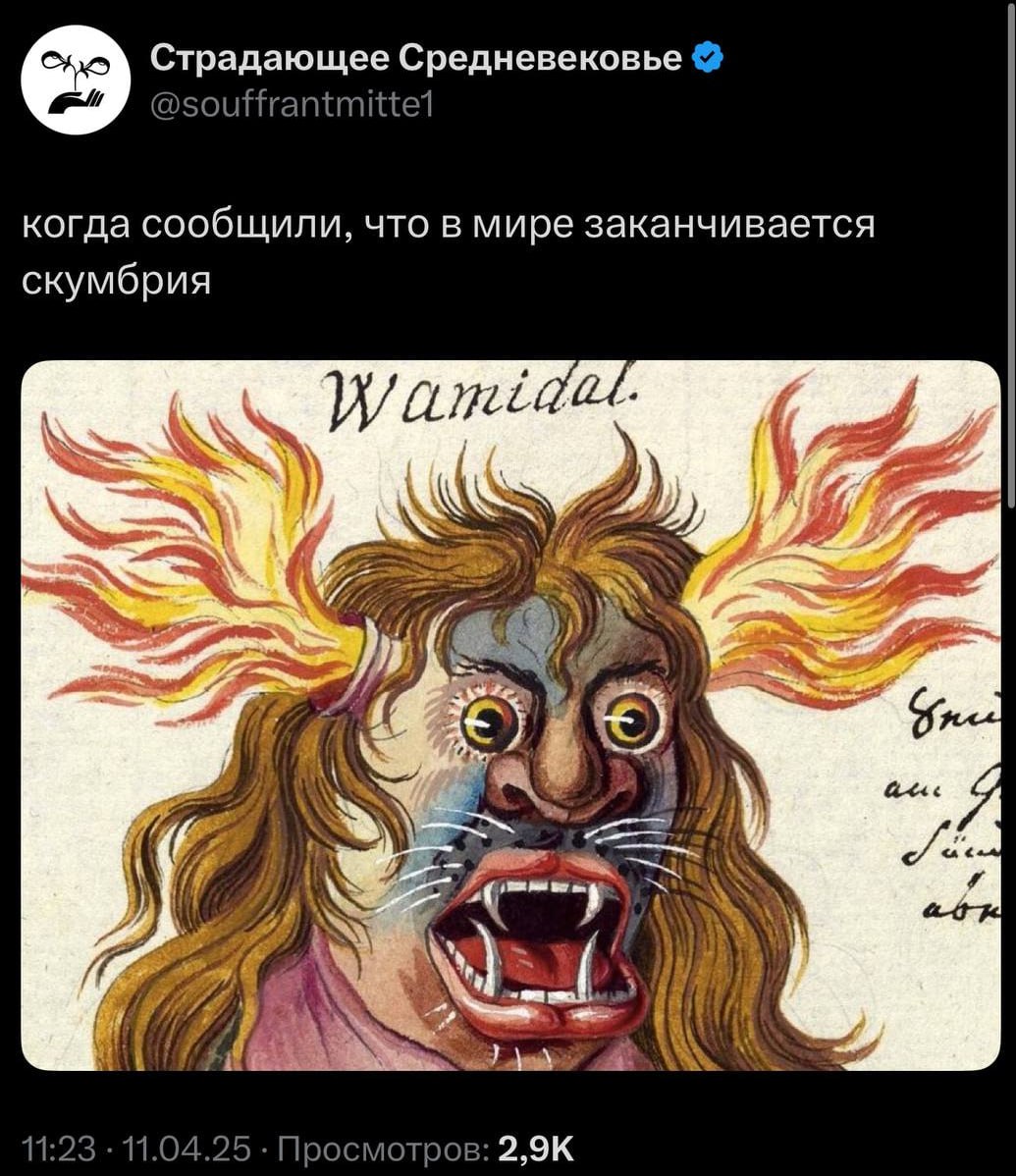 Страдающее Средневековье @souffrantmittel когда сообщили, что в мире заканчивается скумбрия 4 у at I@ 11:23 11.04.25 Просмотров: