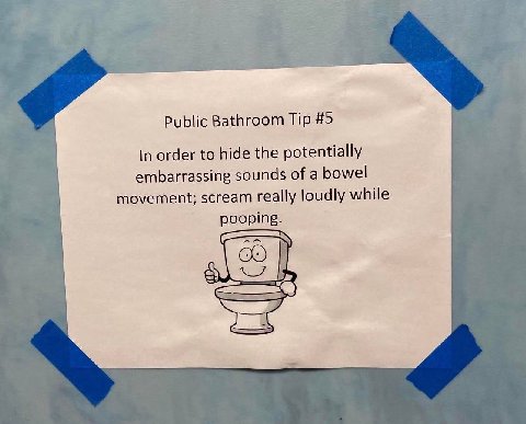 Public Bathroom Tip #5 In order to hide the potentially embarrassing sounds of a bowel movement; scream really loudly while pooping.