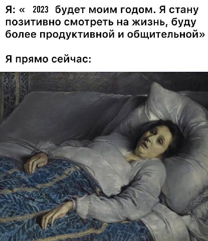 Я: 2023 будет моим годом. Я стану позитивно смотреть на жизнь, буду более продуктивной и общительной» Я прямо сейчас: