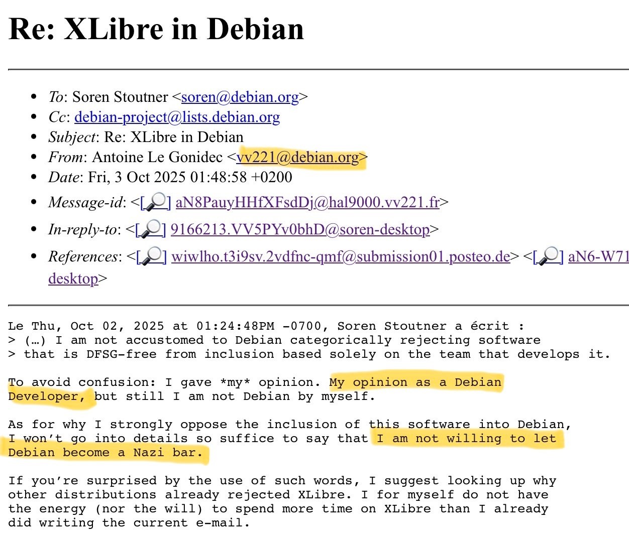 in Debian To: Soren Stoutner <soren@debian.org> Subject: XLibre in Debian From: Antoine Gonidec <vv221@debian.org> Date: Fri, 3 Oct 2025 01:48:58 +0200 Message-id: In-reply-to: 9166213. References: wi