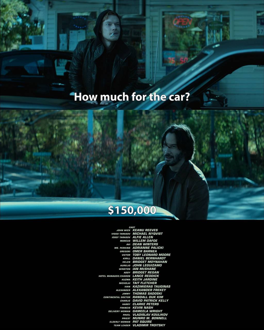 How much for the car? 1 KEANU REEVES MICHAEL ALFIE ALLEN DAFOE DEAN WINTERS OMER TOBY LEONARD MOORE BRInGET МОУМАНАМ LEGUIZAMO REGAN LANCE REODICK KEITH JAROINE TAIT FLETCHER KAZIMIERAS ALEXANDER FREK