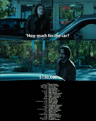 How much for the car? 1 KEANU REEVES MICHAEL ALFIE ALLEN DAFOE DEAN WINTERS OMER TOBY LEONARD MOORE BRInGET МОУМАНАМ LEGUIZAMO REGAN LANCE REODICK KEITH JAROINE TAIT FLETCHER KAZIMIERAS ALEXANDER FREK