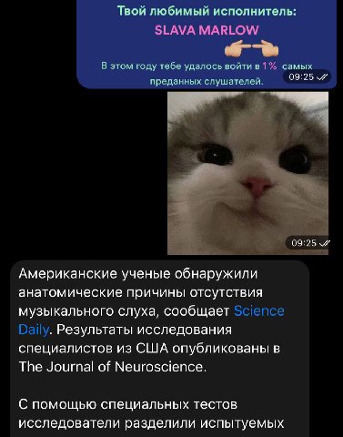 Твой любимый исполнитель: SLAVA MARLOW В этом году тебе удалось войти в 1% самых 09:25 преданных слушателей. 09:25 Американские ученые обнаружили анатомические причины отсутствия музыкального слуха, с
