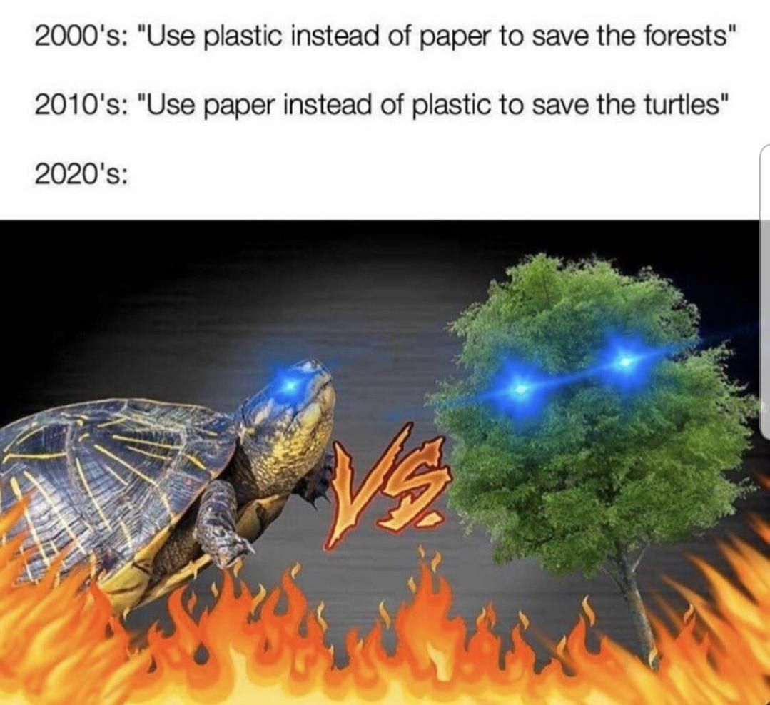 "Use plastic instead of paper to save the forests "Use paper instead of plastic to save the turtles" of Я
