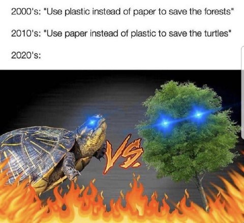 "Use plastic instead of paper to save the forests "Use paper instead of plastic to save the turtles" of Я