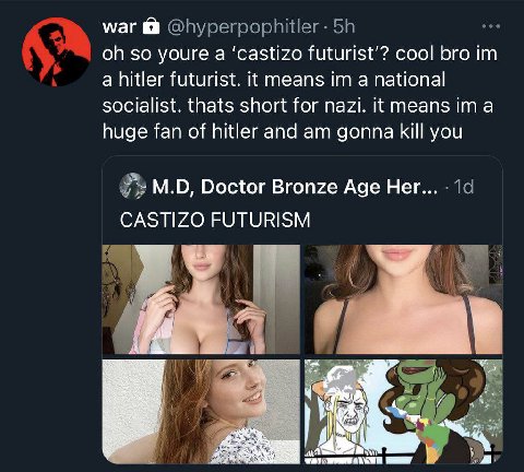 war so youre a ‘castizo cool bro a hitler futurist. it means a national socialist. thats short for nazi. it means ima huge fan of hitler and gonna kill you Doctor Bronze Age Her... CASTIZO FUTURISM я