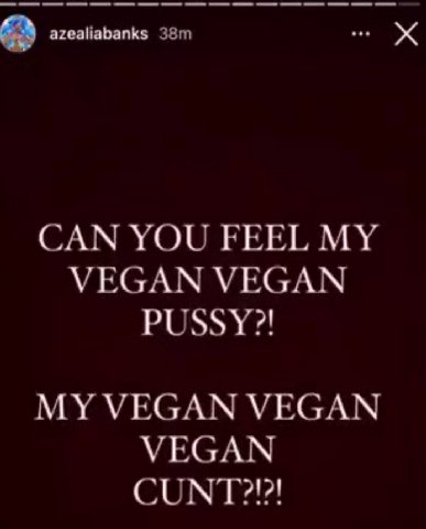 azealiabanks CAN YOU FEEL MY VEGAN VEGAN PUSSY?! MY VEGAN VEGAN VEGAN CUNT?!?!