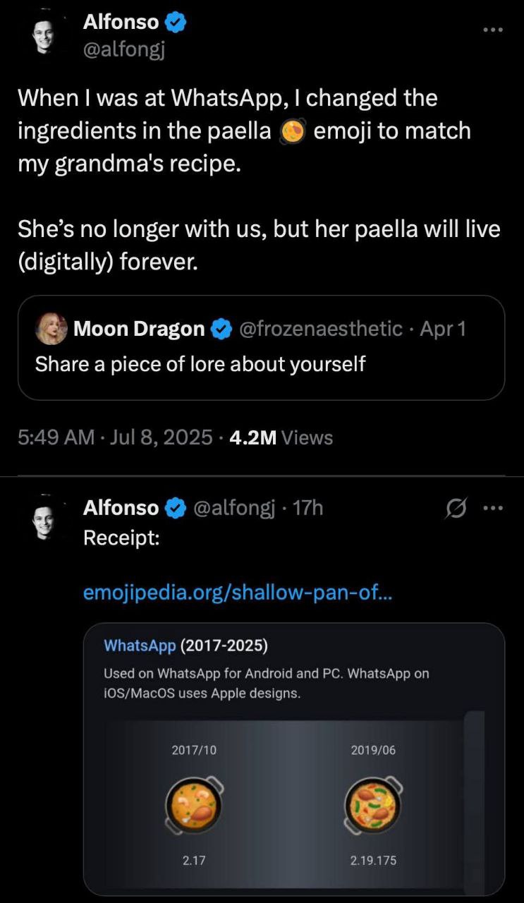Alfonso When was at WhatsApp, changed the ingredients in the paella етой to match my grandma's recipe. She’s no longer with but her paella will live (digitally) forever. Dragon Share a piece of lore a