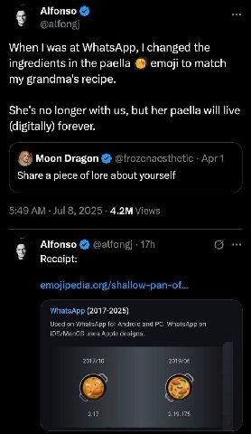 Alfonso When was at WhatsApp, changed the ingredients in the paella етой to match my grandma's recipe. She’s no longer with but her paella will live (digitally) forever. Dragon Share a piece of lore a