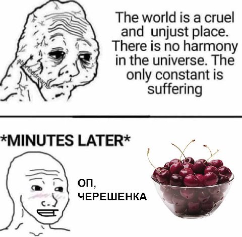 The world is a cruel unjust place. is no harmony 49 in the universe. The я only constant is suffering *MINUTES LATER* ЧЕРЕШЕНКА