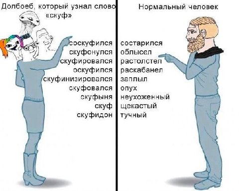 Долбоеб, который узнал слов Нормальный человек «скуф» оскуфился состарился скуфонулся облысел скуфировался растолстел оскуфился раскабанел скуфинизировался заплыл скуфовался опух скуфыня неухоженный с