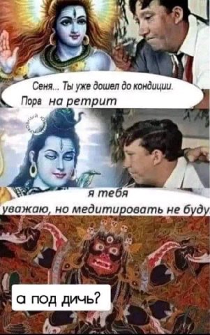 we a к! Сеня... Ты уже дошел до кондиции. Пора на ретрит a я тебя важаю, но медитировать He буду а под дичь?