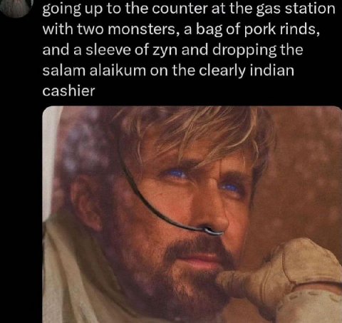going up to the counter at the gas station with two monsters, a bag of pork rinds, and a sleeve of zyn and dropping the salam alaikum on the clearly indian cashier