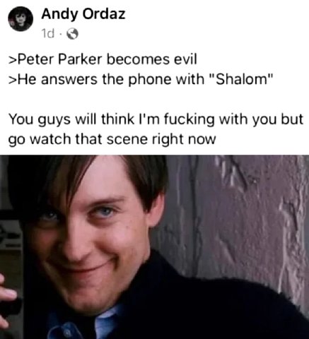 Andy Ordaz >Peter Parker becomes evil >He answers the phone with "Shalom" You guys will think fucking with you but watch that scene right now be к