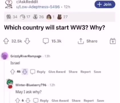 Which country will start WW3? Why? <> © Ору Give Award Share Report Save < ПАЗКВедаи