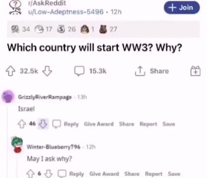 Which country will start WW3? Why? <> © Ору Give Award Share Report Save < ПАЗКВедаи
