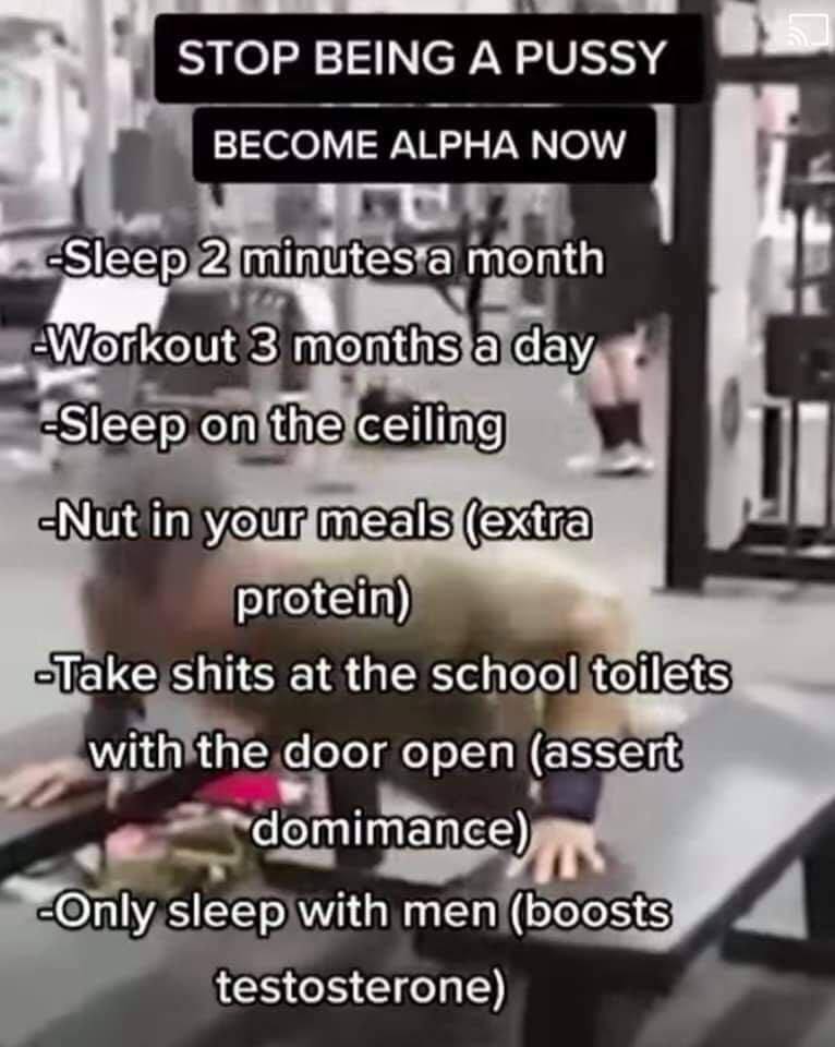 6 a STOP BEING Apussy ALPHA NOW 7 -Sleep 2 month -Workout 3 а Чау, у! the ceiling -Nut in your meals:(extra protein) -Take shits at the school toilets with the door open (assert domimance) sleep with 