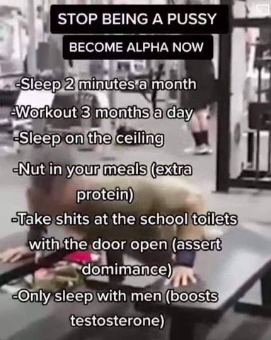 6 a STOP BEING Apussy ALPHA NOW 7 -Sleep 2 month -Workout 3 а Чау, у! the ceiling -Nut in your meals:(extra protein) -Take shits at the school toilets with the door open (assert domimance) sleep with 