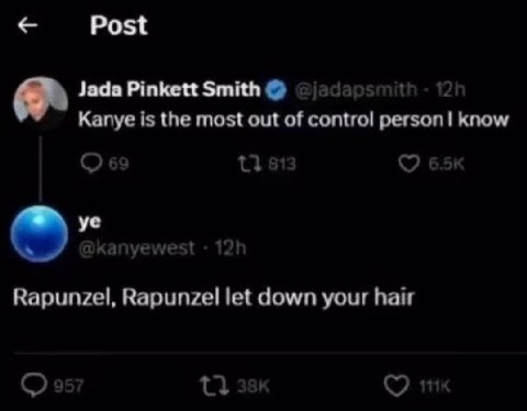 Post Jada Pinkett Smith Kanye is the most out of control person know Rapunzel, Rapunzel let down your hair