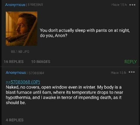 Anonymous 5708395 ace eee You don't actually sleep with pants on at night, you, Anon? 16REPLIES 101МАСЕЗ REPLY Anonymous Hace >>57083068 Naked, no covers, open window even in winter. My body is a blas
