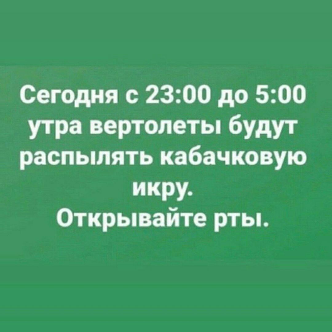 Сегодня с 23:00 до 5:00 утра вертолеты будут распылять кабачковую икру. Открывайте рты.