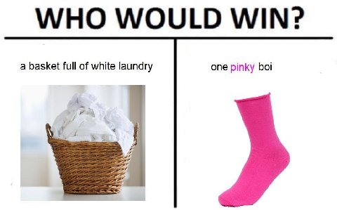 WHO WOULD WIN? a basket full of white laundry one pinky boi A