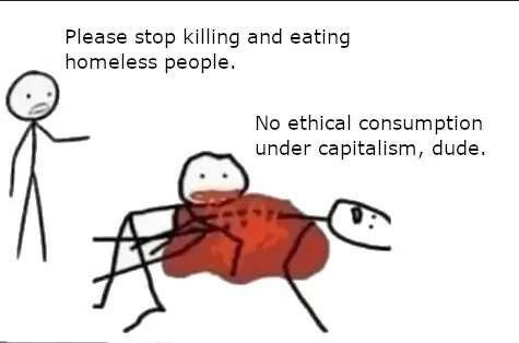 Please stop killing and eating homeless people. No ethical consumption under capitalism, dude.