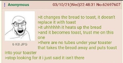 Anonymous 03/10/21(Wed)22:48:31 No.62697607 >it changes the bread to toast, it doesnt replace it with toast >it it heats up the bread >and it becomes toast, trust me on this are no tubes under your to