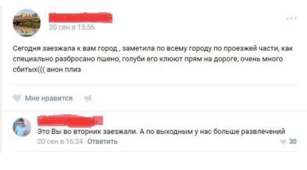 Сегодня заезжала к вам город заметила по всему городу по проезжей части, как специально разбросано пшено, голуби его клюют прям на дороге, очень много сбитых((( анон плиз Мне нравится Это Вы во вторни